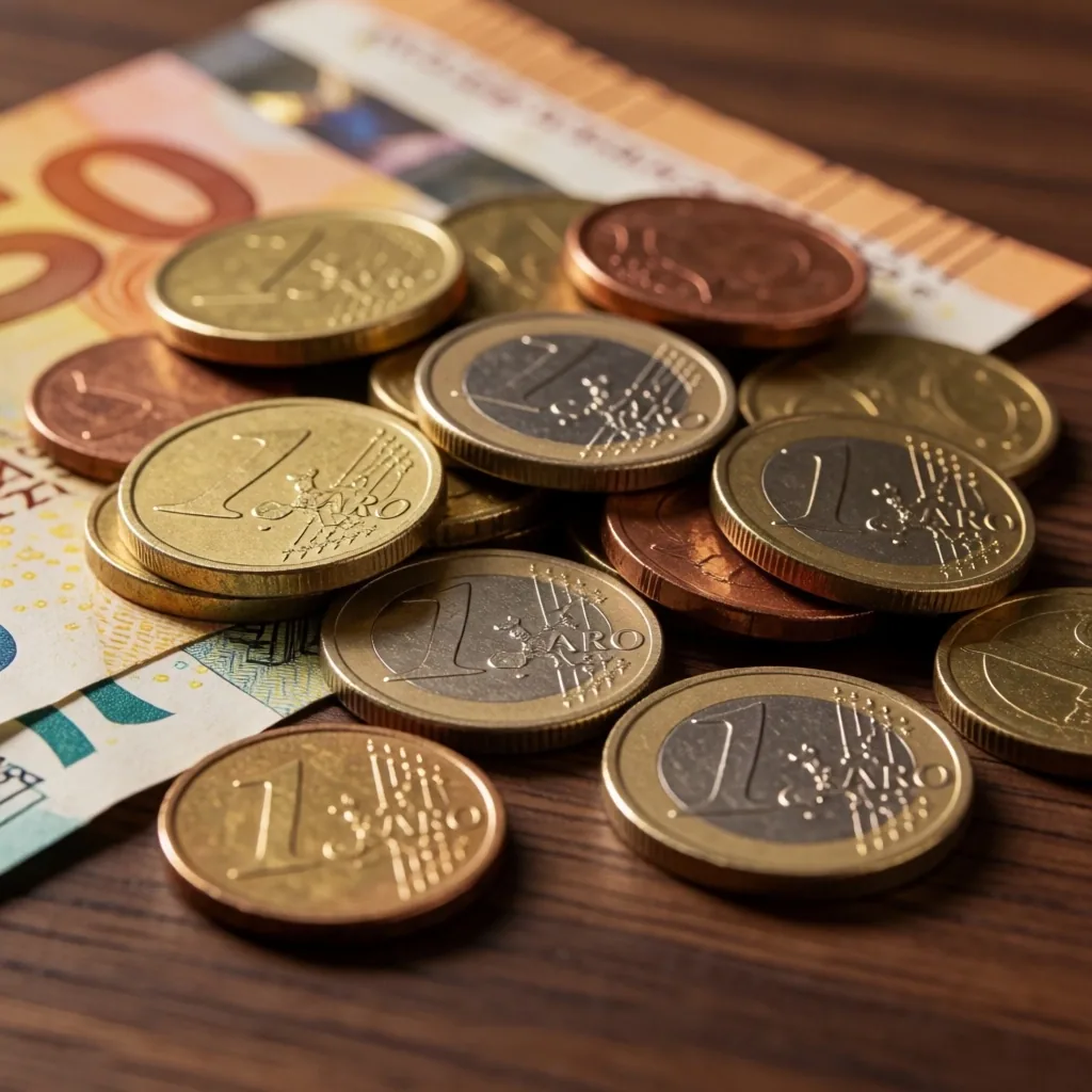 Euro novčanice i kovanice na drvu