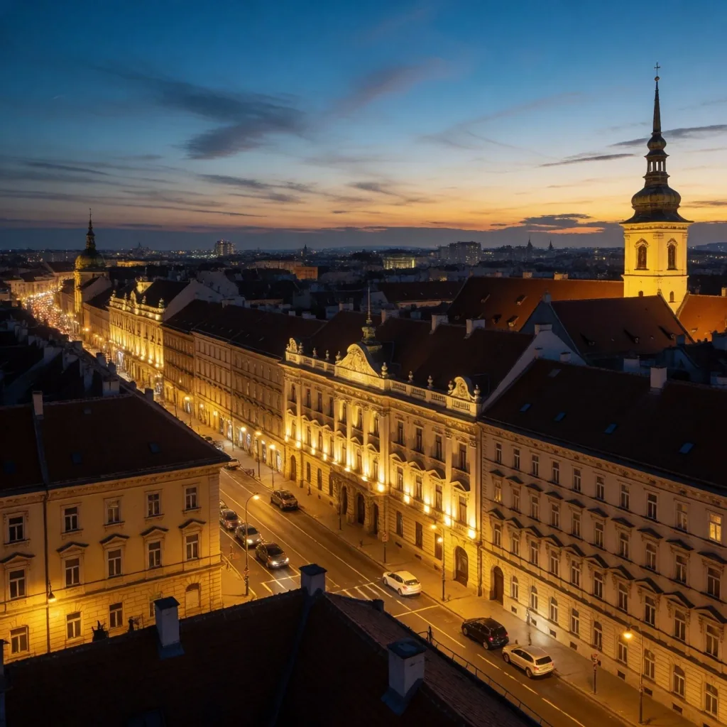 Panorama Zagreba u sumrak s pogledom na Ilicu i povijesne zgrade