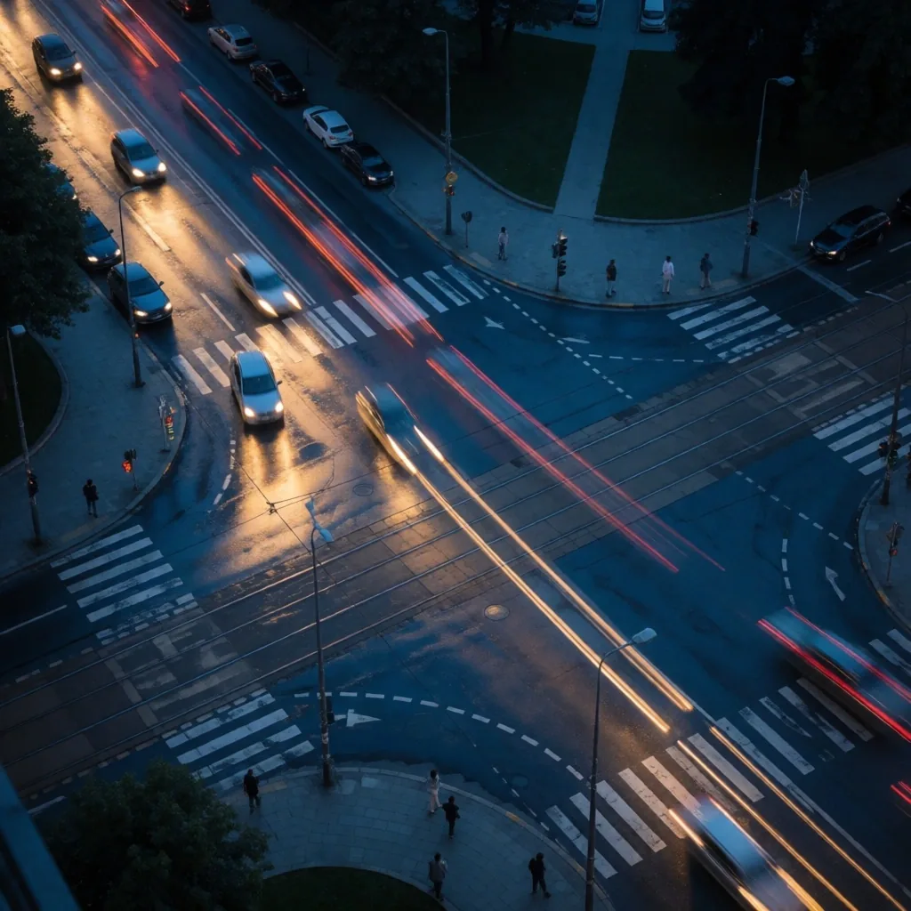 Zagrebačka ulica u sumrak s prometom